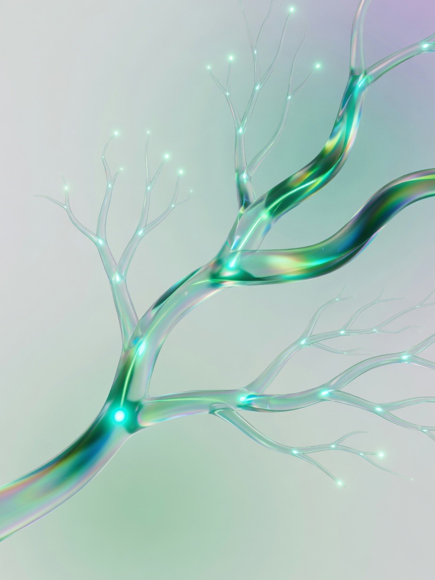 Branching tree of luminous paths fanning out from a single point, suggesting search over possible futures