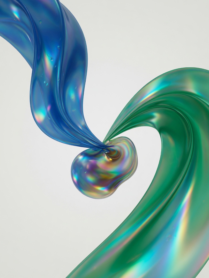 Two iridescent forms converging into harmony