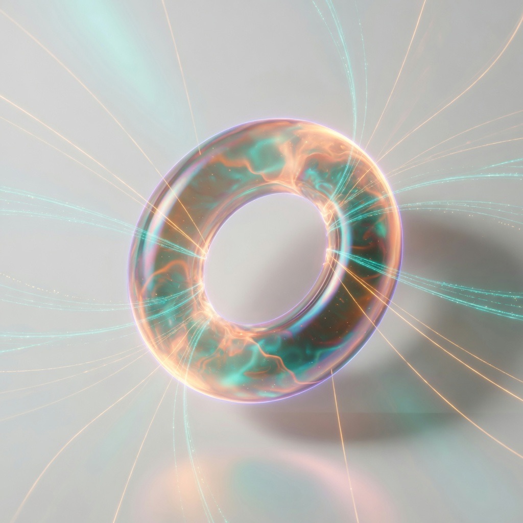 A tokamak's nested magnetic field coils glowing around a confined plasma core