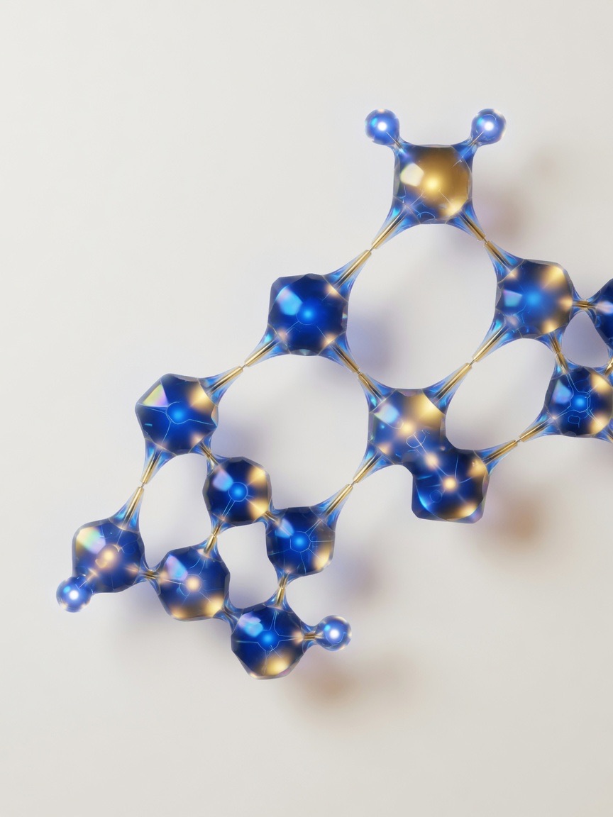 Two interlocking lattices, one fluid and one rigid, meeting along a luminous seam